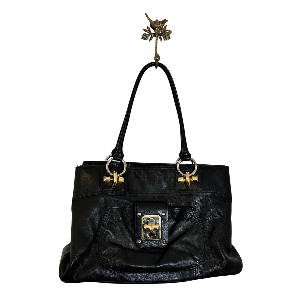 B. Makowsky Tote Bag Black Pebbled Leather Gold Hardware Shoulder Bag Satchel